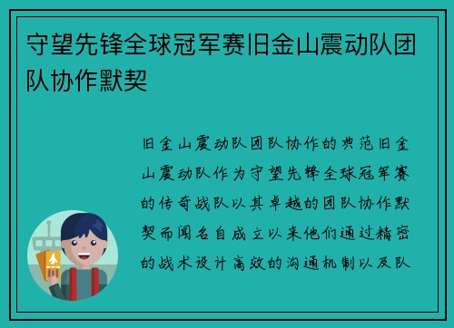 守望先锋全球冠军赛旧金山震动队团队协作默契
